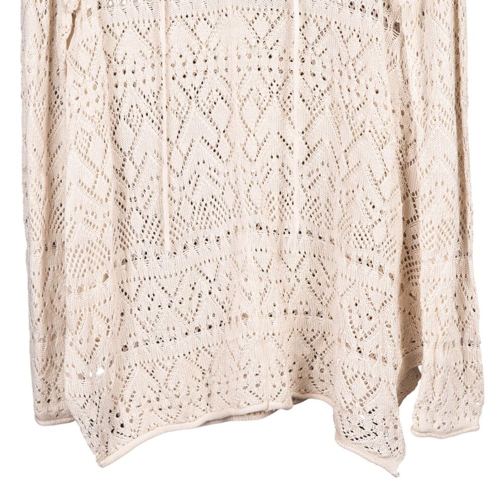 Crochet Knit Shirt M Beige Sheer Cover Up Long Sleeve Tunic Sweater Lace Up Boho - Picture 3 of 5